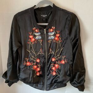 Walter Baker Black Bomber Jacket with  Floral Embroidery small satin like